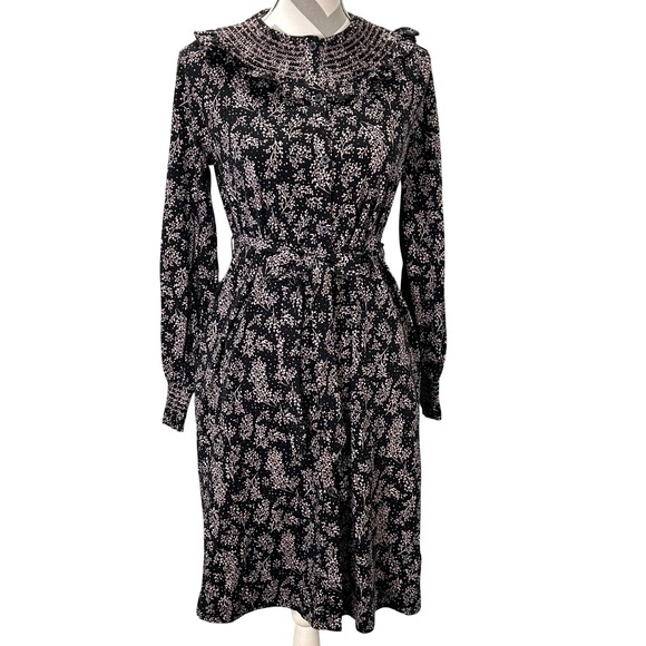 Boden Dresses & Skirts - Boden Black Floral Midi Dress Smocked Neckline Button Front Belted Long Sleeve